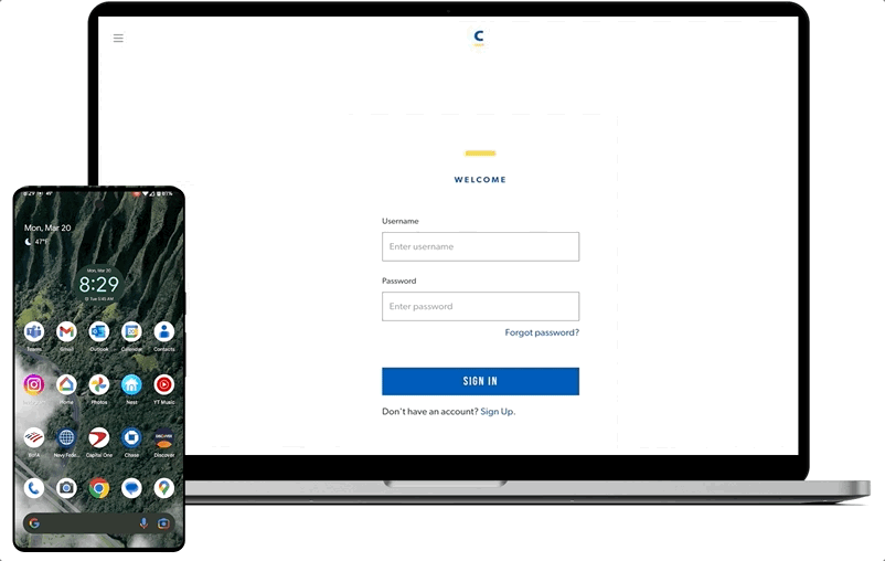 Animation of a user visiting a website login page on a laptop, initiating their passkey, and authenticating with biometrics on their phone to activate the passkey